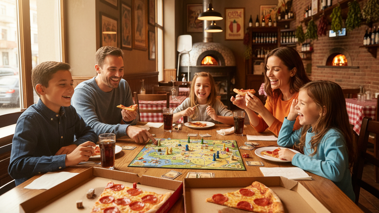 Realistic photo of a happy family sitting around a dinner table at a pizza parlor playing a 18x18" board game